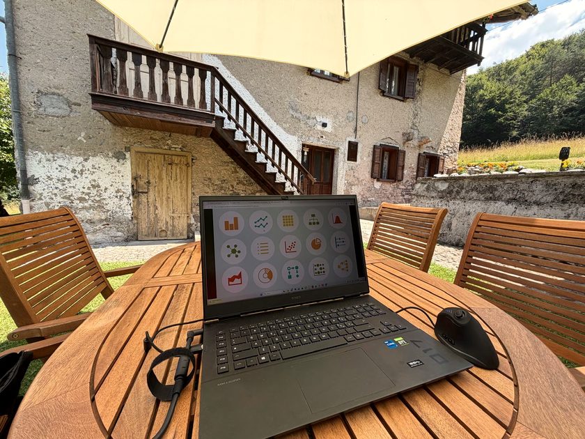 Postazione di smart working all'aperto davanti allo chalet