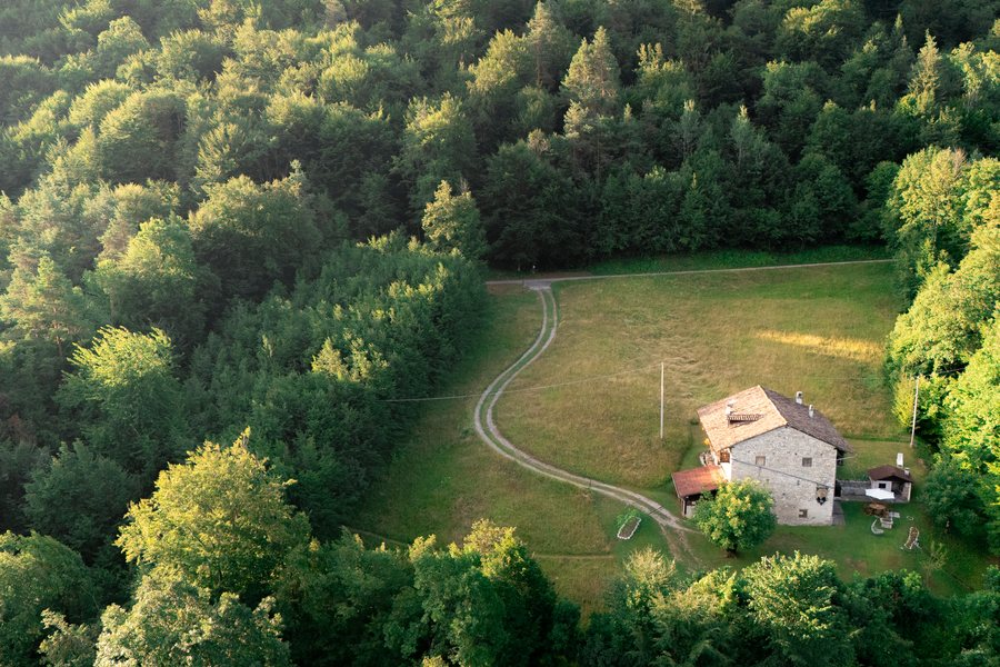 Vista aerea diurna dello chalet Wooden Stories tra i boschi, foto di Nemas Gortan