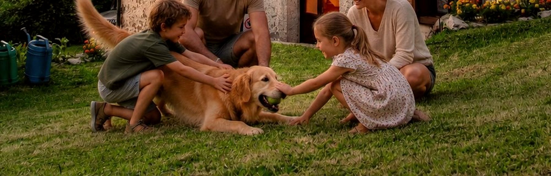 Golden retriever che gioca con i bambini nel giardino dello chalet Wooden Stories